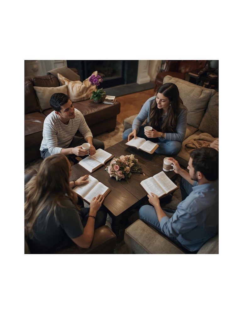Small group bible study on missions with Christians discussing around coffee table in living room