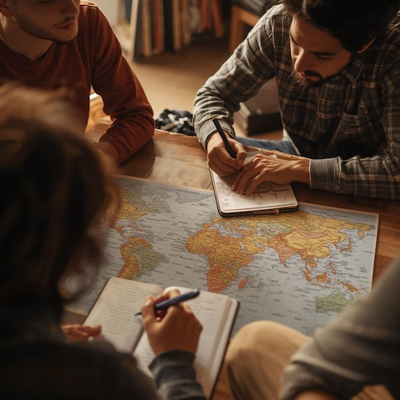 Mission team planning over a world map