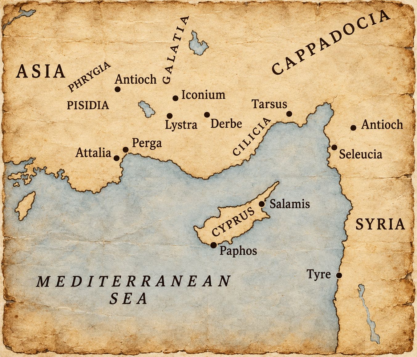 Map of Paul's first missionary journey from Antioch through Cyprus, Perga, Iconium, Lystra and Derbe in the Bible game