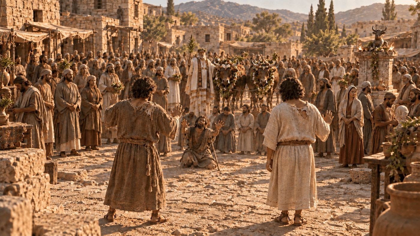 The crowd at Lystra mistakes Barnabas and Paul for Zeus and Hermes in Acts 14, from the Bible game