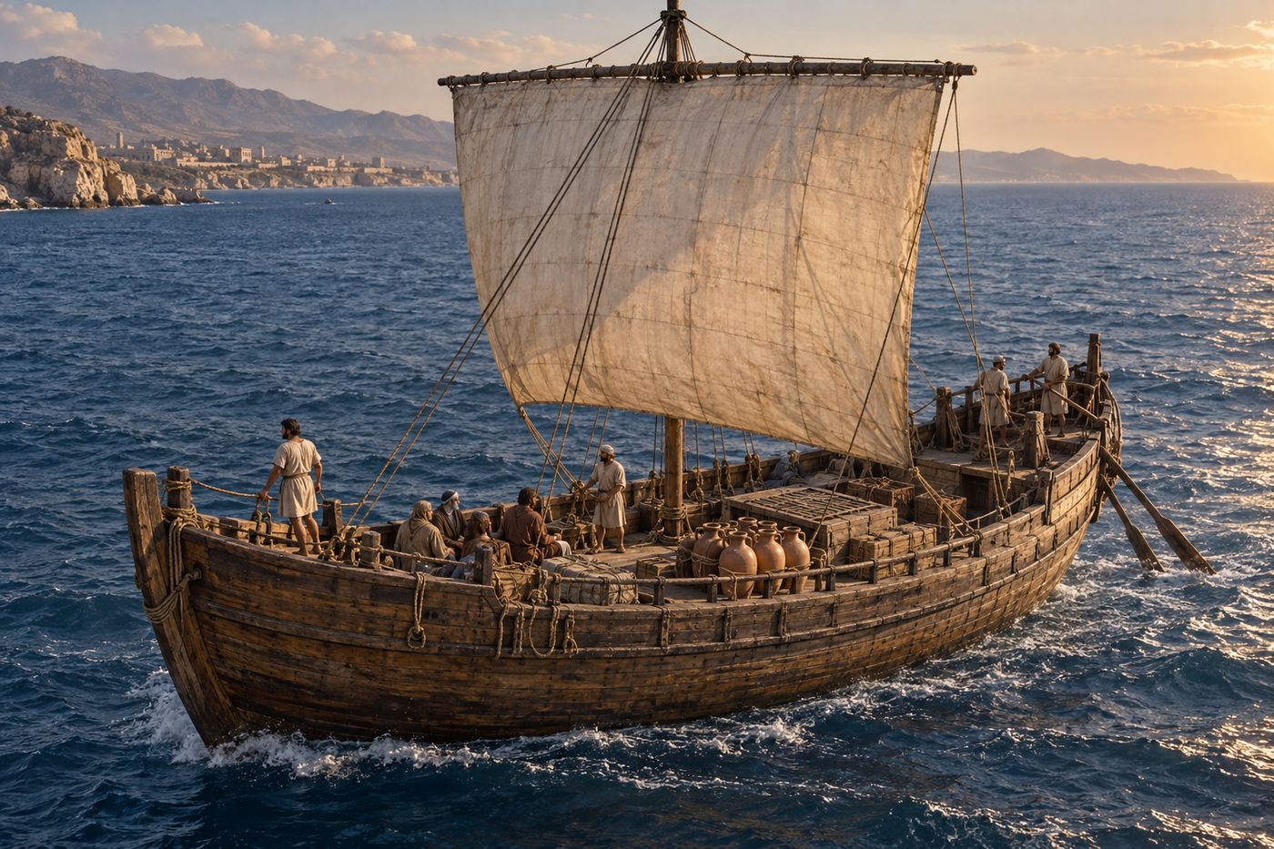 Ship sailing from Seleucia to Cyprus on Paul's first missionary journey in a free Bible game for families and youth groups